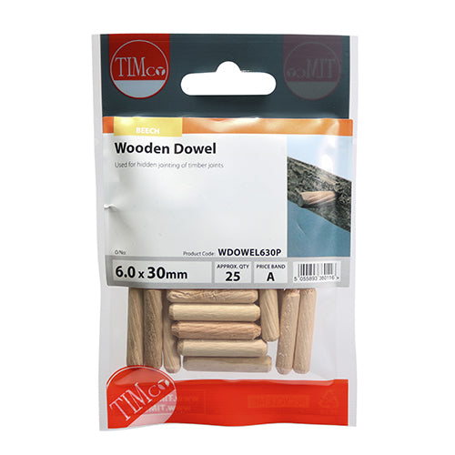 TIMCO Wooden Dowels - 6.0 x 30 - 25 Pieces