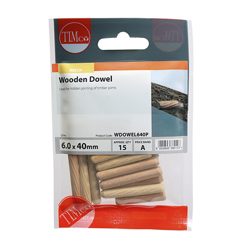 TIMCO Wooden Dowels - 6.0 x 40 - 15 Pieces