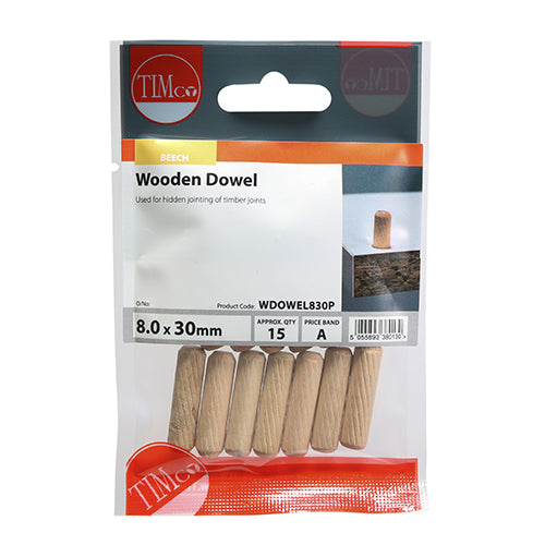 TIMCO Wooden Dowels - 8.0 x 30 - 15 Pieces