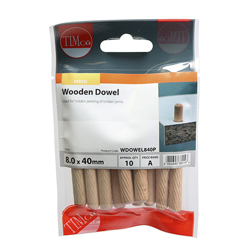 TIMCO Wooden Dowels - 8.0 x 40 - 10 Pieces