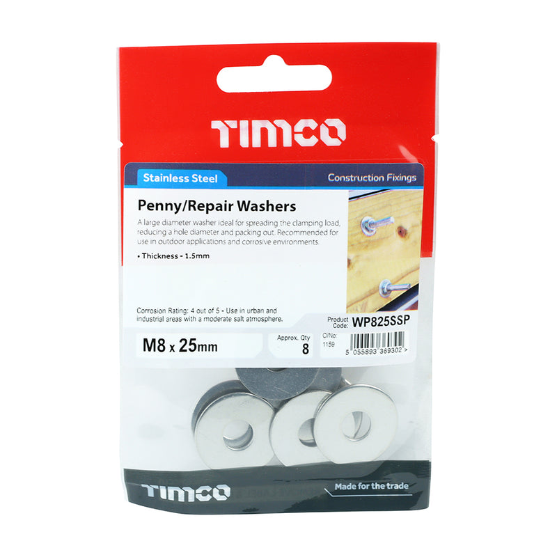 TIMco Penny / Repair Washers DIN9054 A2 Stainless Steel - M8 x 25