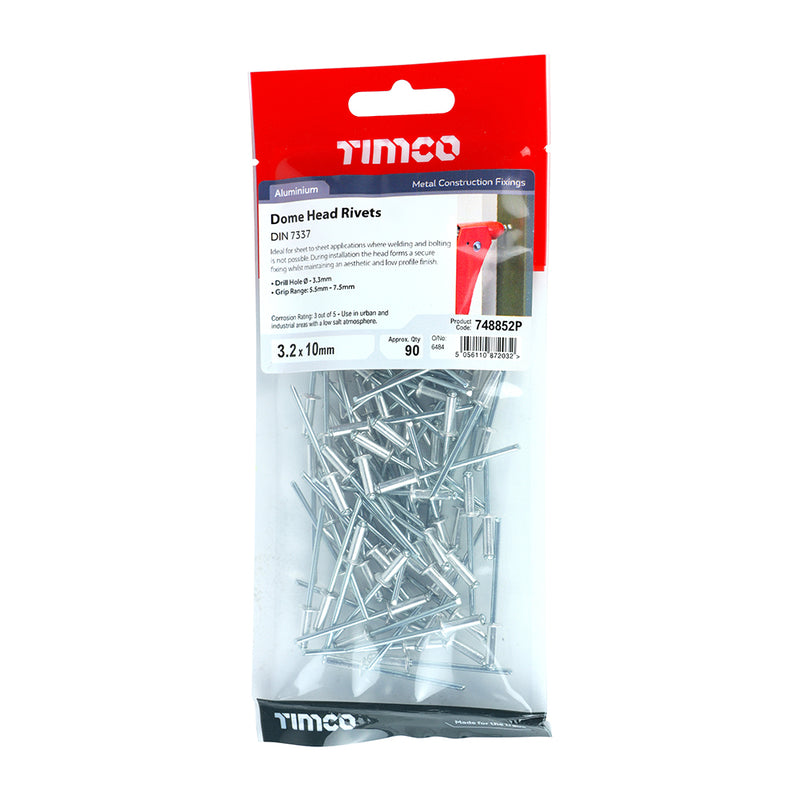 TIMco Rivets Dome Head Aluminium - 4.0 x 8 - 70 Pieces
