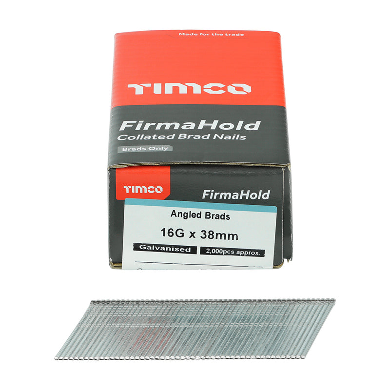 TIMCO FirmaHold Collated 16 Gauge Angled Galvanised Brad Nails & Fuel Cells - 16g x 38/2BFC - Pack Quantity - 2000