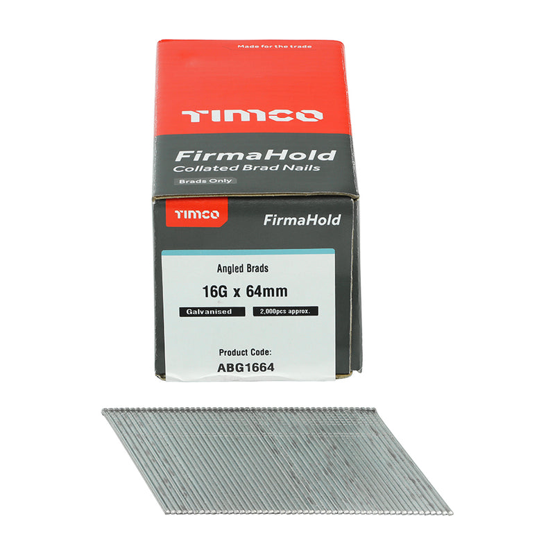 TIMCO FirmaHold Collated 16 Gauge Angled Galvanised Brad Nails - 16g x 64 - Pack Quantity - 2000