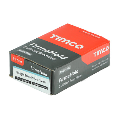 TIMCO FirmaHold Collated 16 Gauge Straight Galvanised Brad Nails & Fuel Cells - 16g x 25/2BFC - Pack Quantity - 2000