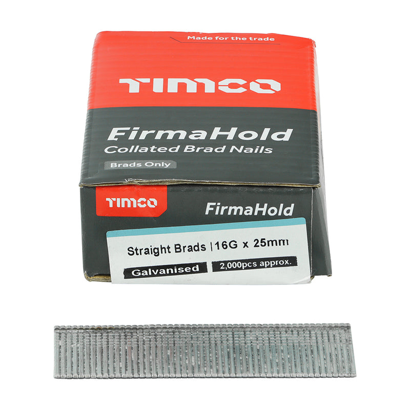 TIMCO FirmaHold Collated 16 Gauge Straight Galvanised Brad Nails & Fuel Cells - 16g x 25/2BFC - Pack Quantity - 2000