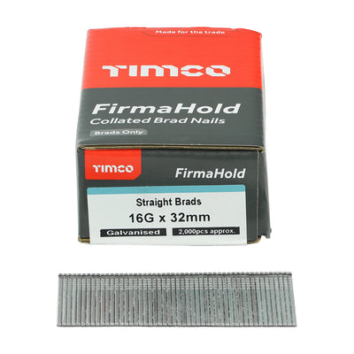 TIMCO FirmaHold Collated 16 Gauge Straight Galvanised Brad Nails & Fuel Cells - 16g x 32/2BFC - Pack Quantity - 2000