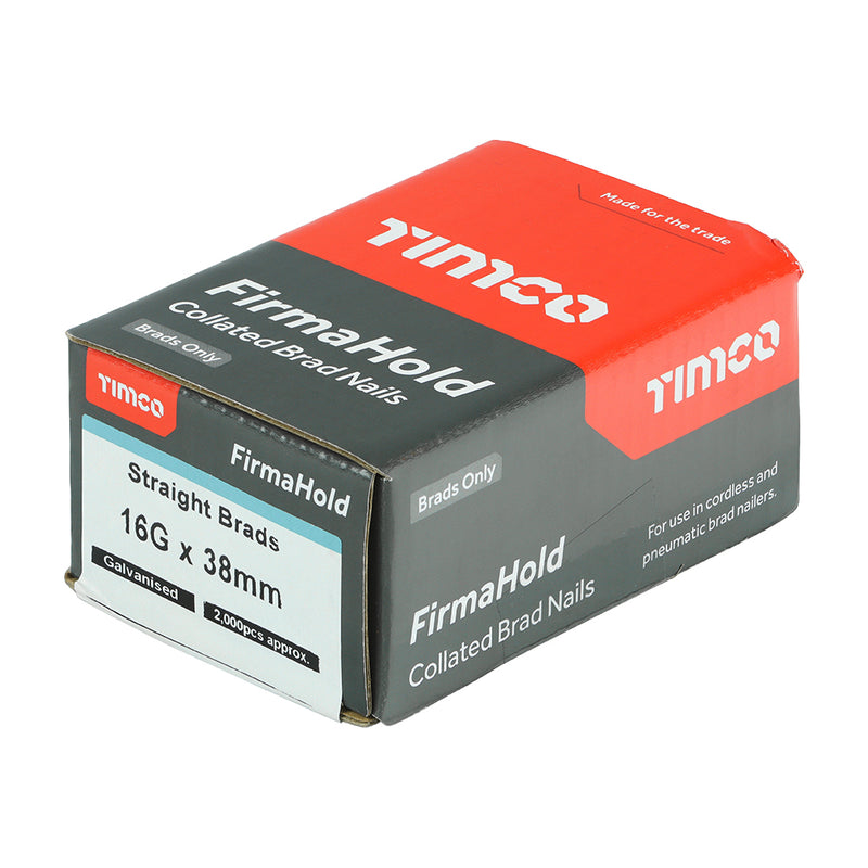 TIMCO FirmaHold Collated 16 Gauge Straight Galvanised Brad Nails & Fuel Cells - 16g x 38/2BFC - Pack Quantity - 2000