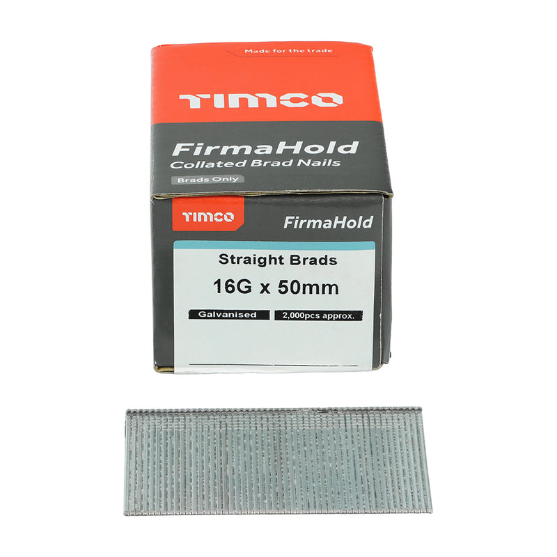 TIMCO FirmaHold Collated 16 Gauge Straight Galvanised Brad Nails - 16g x 50 - Pack Quantity - 2000