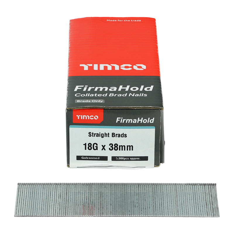 TIMCO FirmaHold Collated 18 Gauge Straight Galvanised Brad Nails - 18g x 38 - Pack Quantity - 5000