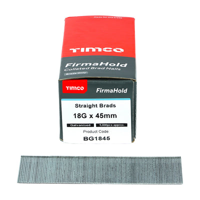 TIMCO FirmaHold Collated 18 Gauge Straight Galvanised Brad Nails - 18g x 45 - Pack Quantity - 5000