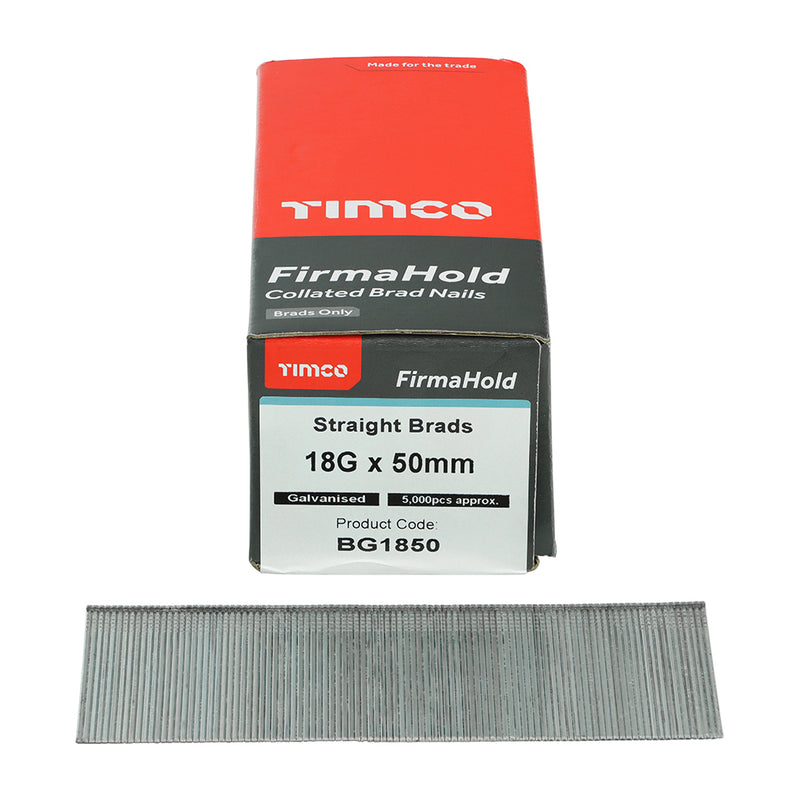 TIMCO FirmaHold Collated 18 Gauge Straight Galvanised Brad Nails - 18g x 50 - Pack Quantity - 5000