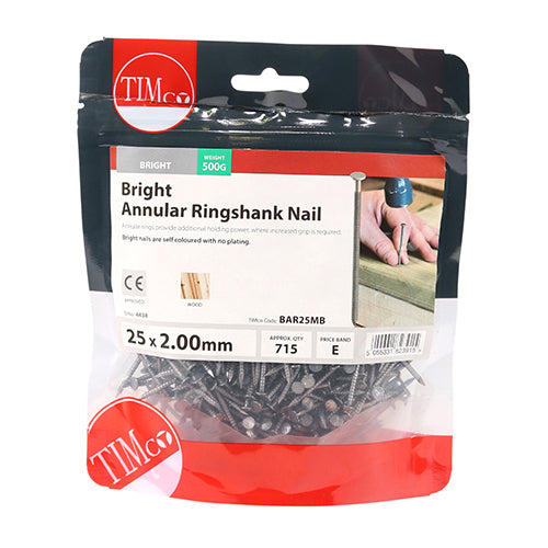 TIMCO Annular Ringshank Nails Bright - 25 x 2.00 - Pack Quantity - 0.5 Kg