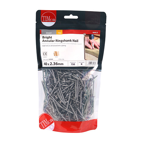 TIMCO Annular Ringshank Nails Bright - 40 x 2.36 - Pack Quantity - 1 Kg