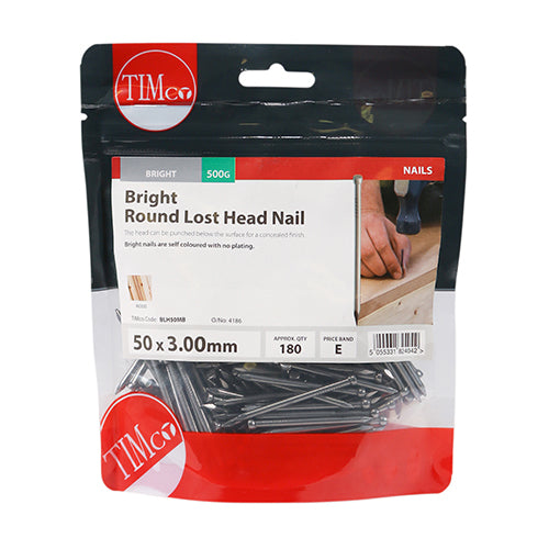 TIMCO Round Lost Head Nails Bright - 50 x 3.00 - Pack Quantity - 0.5 Kg