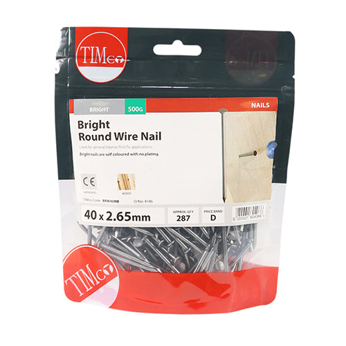 TIMCO Round Wire Nails Bright - 40 x 2.65 - Pack Quantity - 0.5 Kg