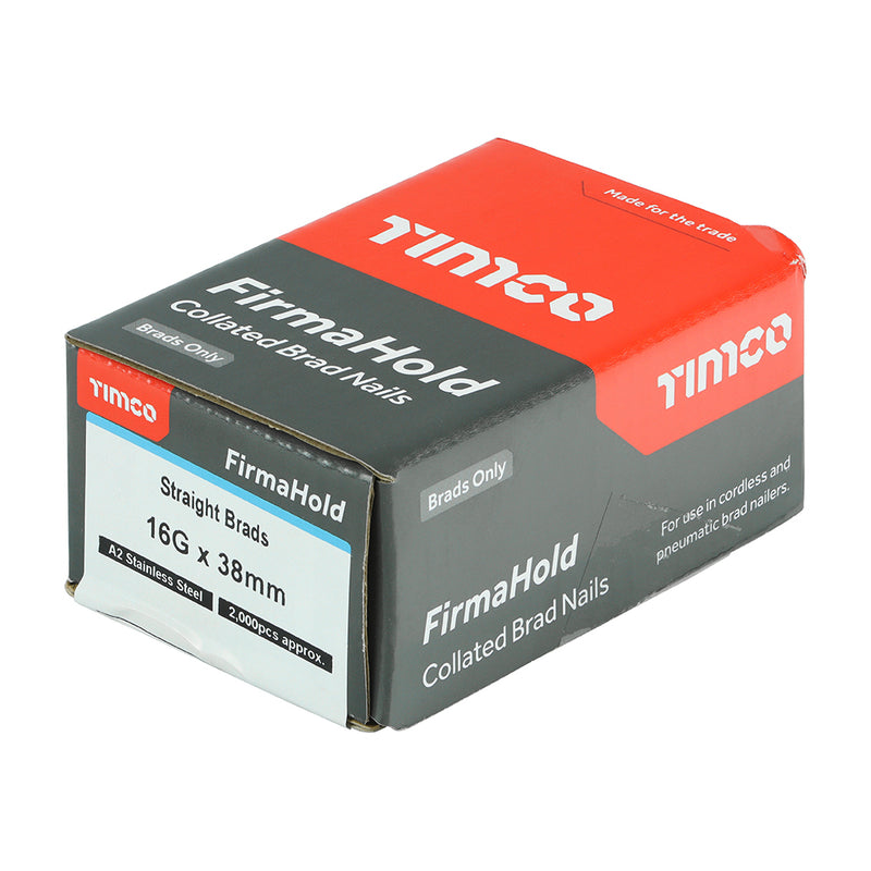 TIMCO FirmaHold Collated 16 Gauge Straight A2 Stainless Steel Brad Nails & Fuel Cells - 16g x 50/2BFC - Pack Quantity - 2000