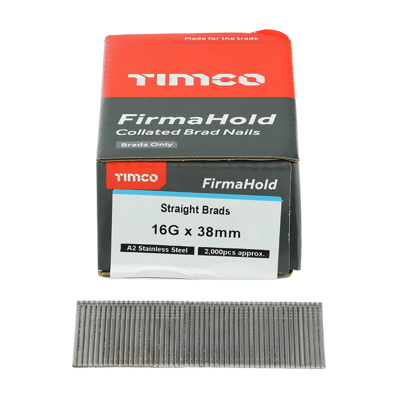 TIMCO FirmaHold Collated 16 Gauge Straight A2 Stainless Steel Brad Nails - 16g x 38 - Pack Quantity - 2000