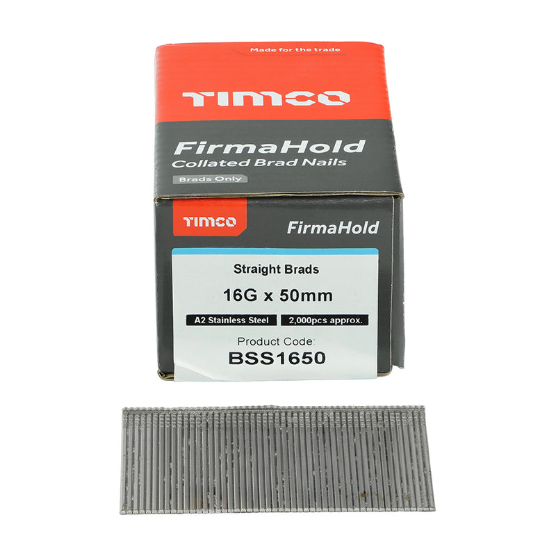 TIMCO FirmaHold Collated 16 Gauge Straight A2 Stainless Steel Brad Nails - 16g x 64 - Pack Quantity - 2000