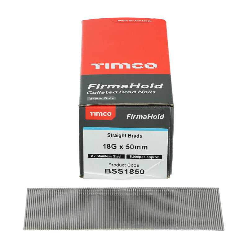 TIMCO FirmaHold Collated 18 Gauge Straight A2 Stainless Steel Brad Nails - 18g x 50 - Pack Quantity - 5000