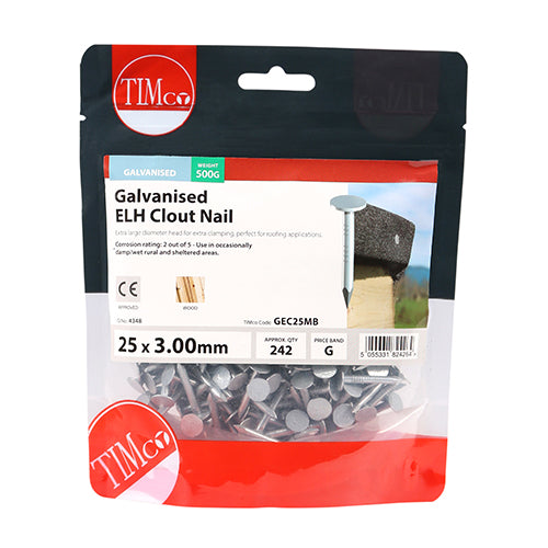 TIMCO Extra Large Head Clout Nails Galvanised - 25 x 3.00 - Pack Quantity - 0.5 Kg