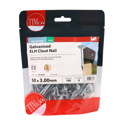 TIMCO Extra Large Head Clout Nails Galvanised - 50 x 3.00 - Pack Quantity - 0.5 Kg