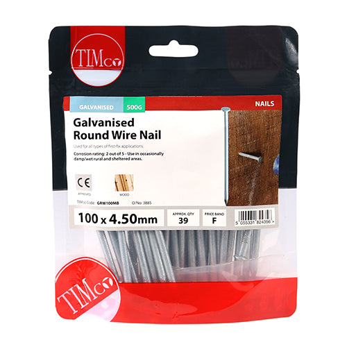 TIMCO Round Wire Nails Galvanised - 100 x 4.50 - Pack Quantity - 0.5 Kg
