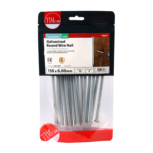 TIMCO Round Wire Nails Galvanised - 150 x 6.00 - Pack Quantity - 0.5 Kg