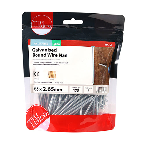 TIMCO Round Wire Nails Galvanised - 65 x 2.65 - Pack Quantity - 0.5 Kg