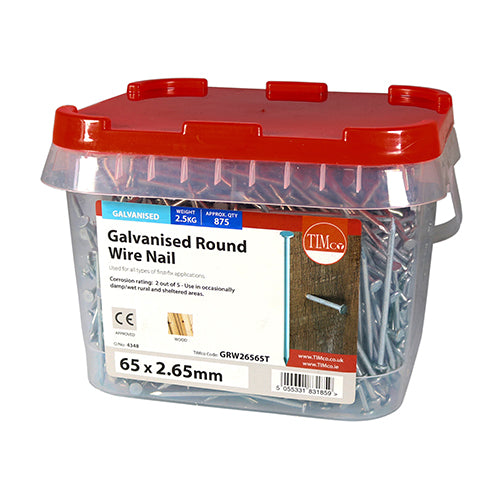 TIMCO Round Wire Nails Galvanised - 65 x 2.65 - Pack Quantity - 2.5 Kg