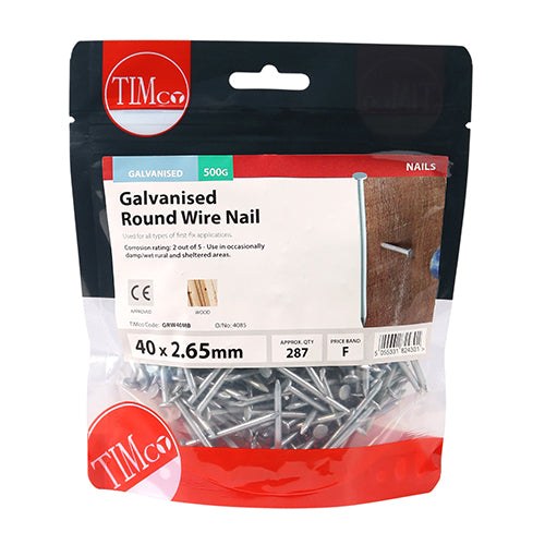 TIMCO Round Wire Nails Galvanised - 40 x 2.65 - Pack Quantity - 0.5 Kg