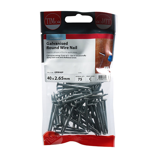 TIMCO Round Wire Nails Galvanised - 40 x 2.65 - Pack Quantity - 75