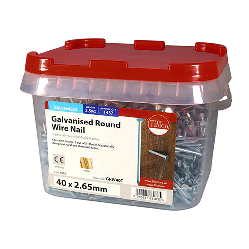 TIMCO Round Wire Nails Galvanised - 40 x 2.65 - Pack quantity - 2.5 Kg