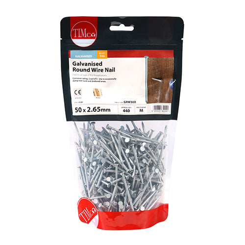 TIMCO Round Wire Nails Galvanised - 50 x 2.65 - Pack Quantity - 1 Kg
