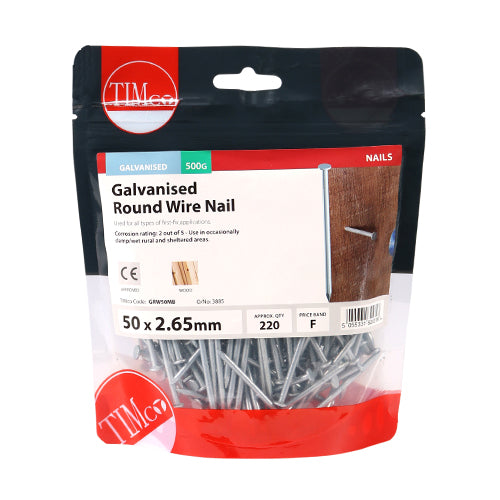 TIMCO Round Wire Nails Galvanised - 50 x 2.65 - Pack Quantity - 0.5 Kg