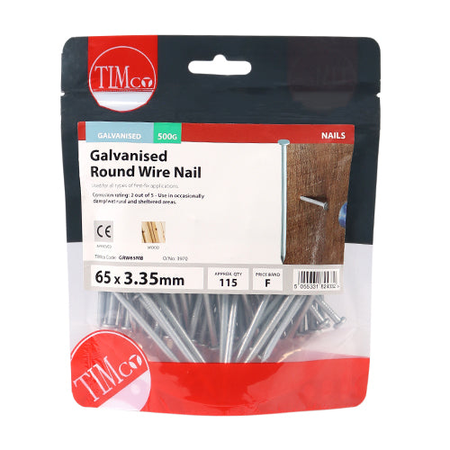 TIMCO Round Wire Nails Galvanised - 65 x 3.35 - Pack Quantity - 0.5 Kg