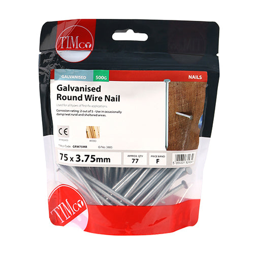 TIMCO Round Wire Nails Galvanised - 75 x 3.75 - Pack Quantity - 0.5 Kg