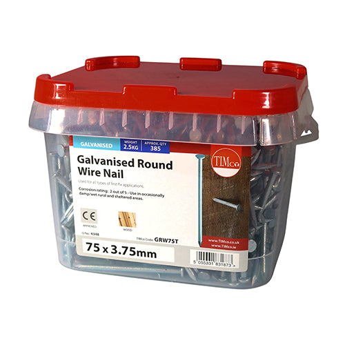 TIMCO Round Wire Nails Galvanised - 75 x 3.75 - Pack quantity - 2.5 Kg