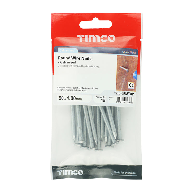 TIMCO Round Wire Nail Galvanised - 90 x 4.00 - Pack Quantity - 15