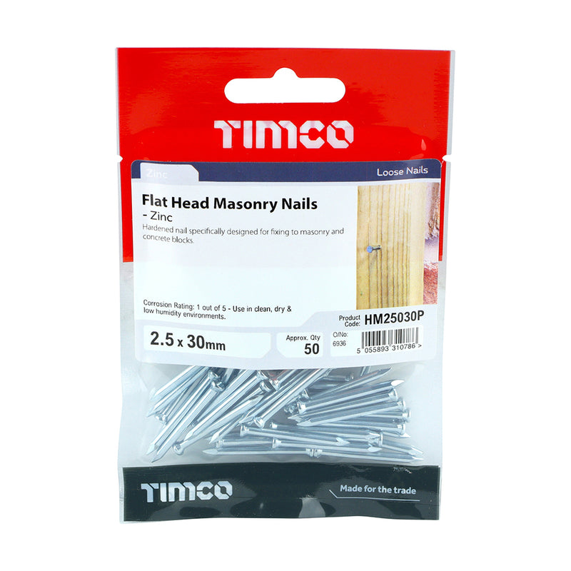 TIMCO Masonry Nails Zinc - 30 x 2.50 - Pack Quantity - 100
