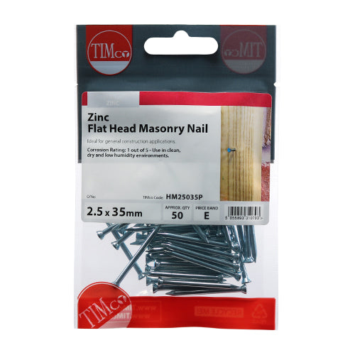 TIMCO Masonry Nails Zinc - 2.5 x 35 - Pack Quantity - 50