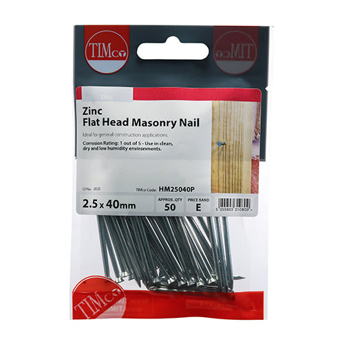 TIMCO Masonry Nails Zinc - 2.5 x 40 - Pack Quantity - 50