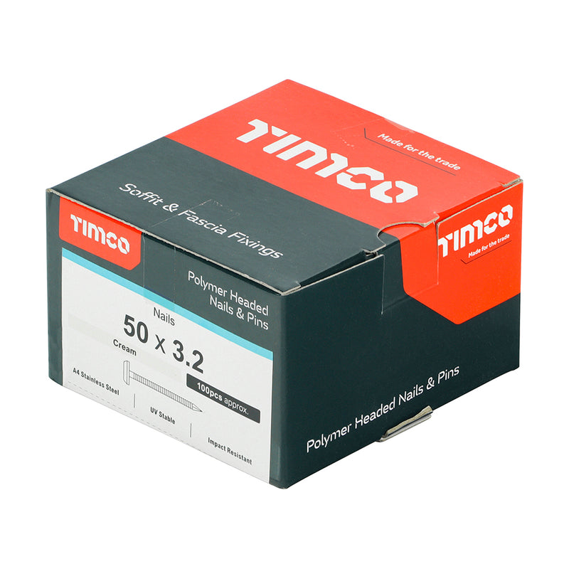 TIMCO Polymer Headed Nails A4 Stainless Steel Cream - 50mm - Pack Quantity - 100