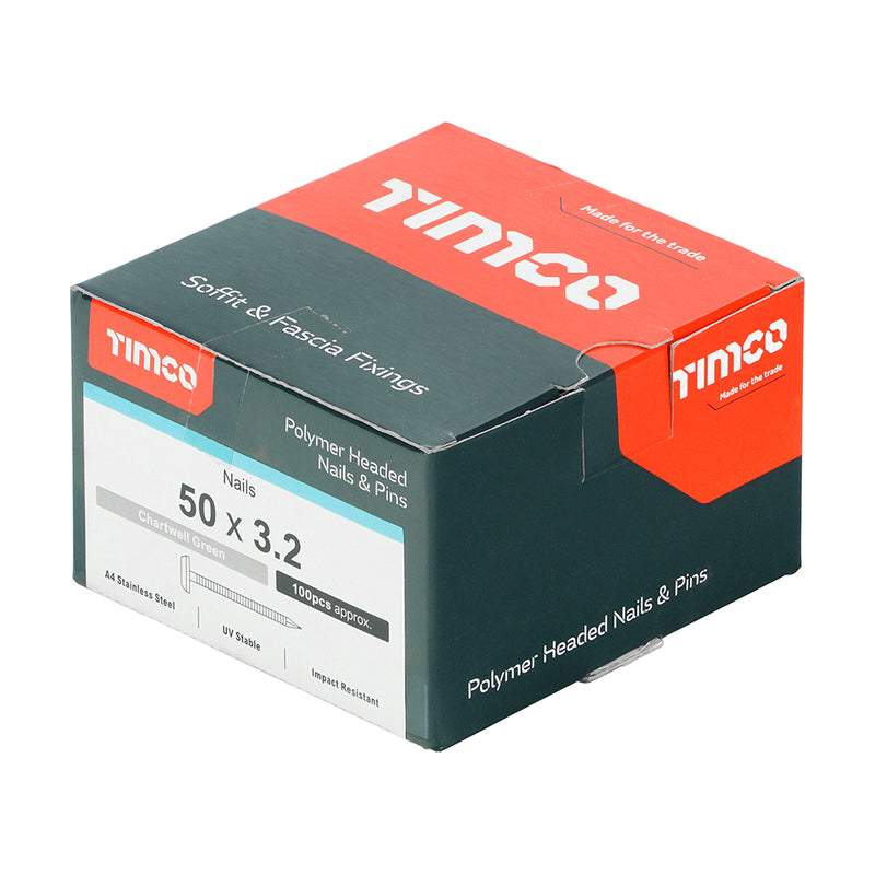 TIMCO Polymer Headed Nails A4 Stainless Steel Chartwell Green - 50mm - Pack Quantity - 100