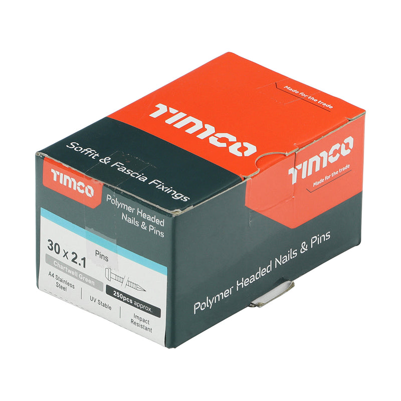 TIMCO Polymer Headed Pins A4 Stainless Steel Chartwell Green - 30mm - Pack Quantity - 250