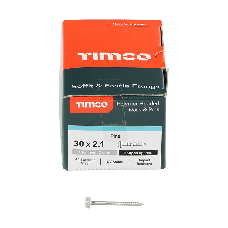 TIMCO Polymer Headed Pins A4 Stainless Steel Chartwell Green - 30mm - Pack Quantity - 250