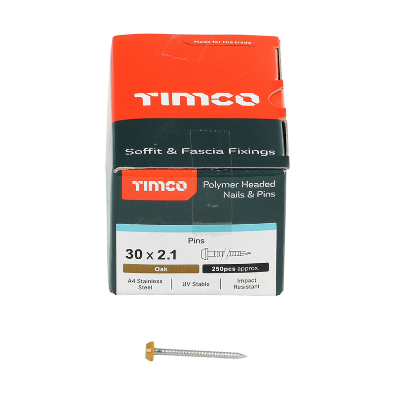 TIMCO Polymer Headed Pins A4 Stainless Steel Oak - 30mm - Pack Quantity - 250