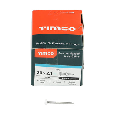 TIMCO Polymer Headed Pins A4 Stainless Steel White - 30mm - Pack Quantity - 250