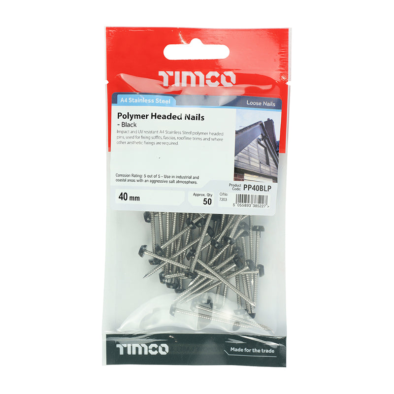 TIMCO Polymer Headed Pins A4 Stainless Steel Black - 40mm - Pack Quantity - 50