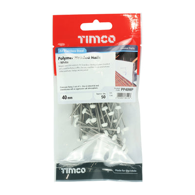 TIMCO Polymer Headed Pins A4 Stainless Steel White - 40mm - Pack Quantity - 50